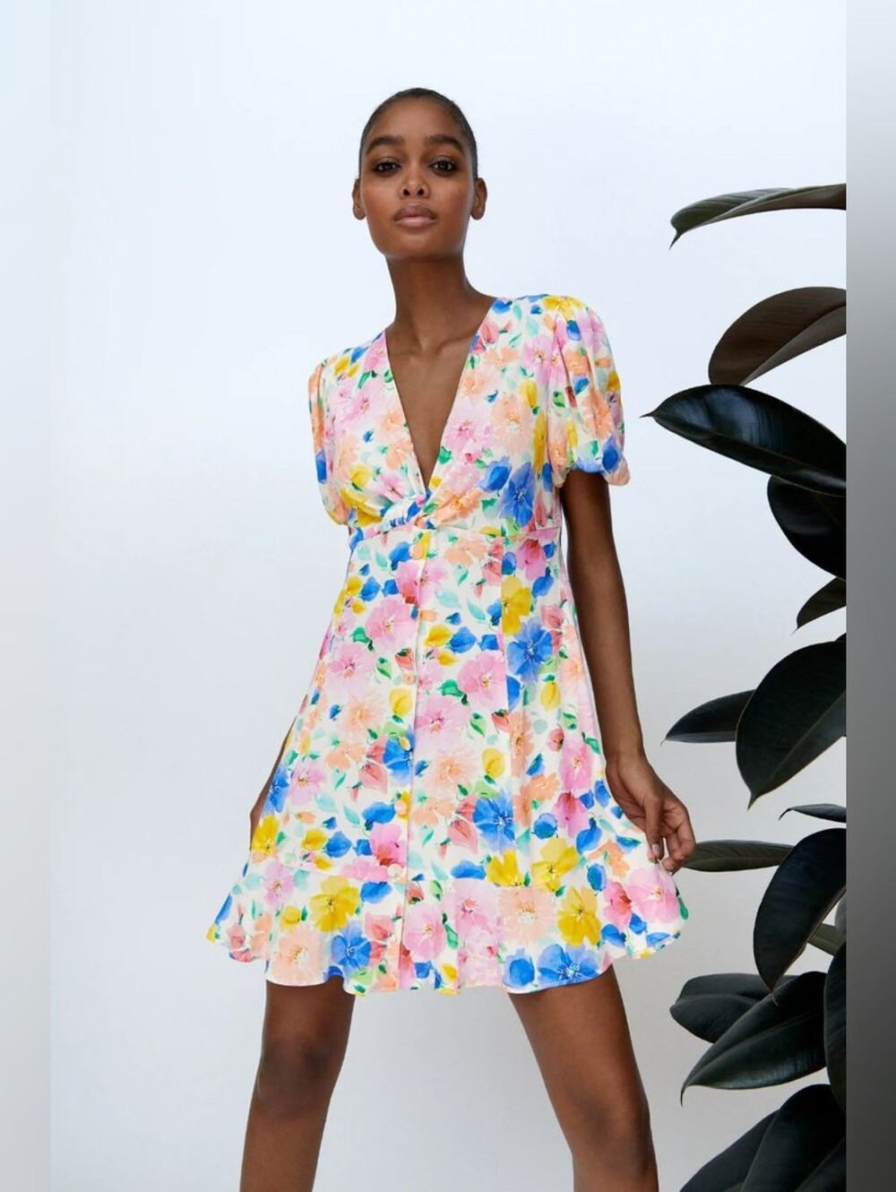Zara Floral Mini Dress Sz XS Twist Front Watercolor Romantic Open Back Coquette